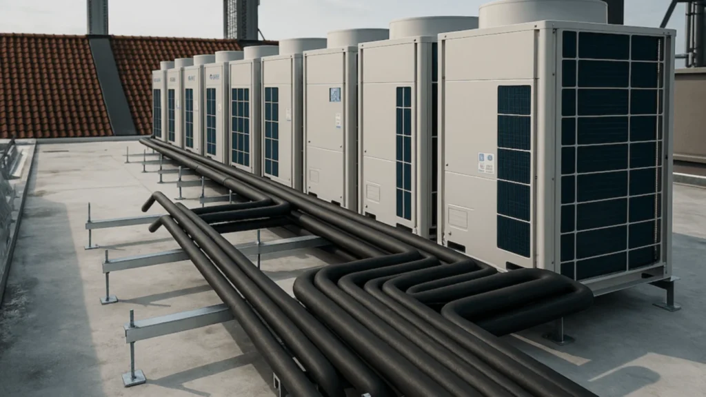 Row of Voltas Top Flow VRF outdoor units installed on a commercial rooftop