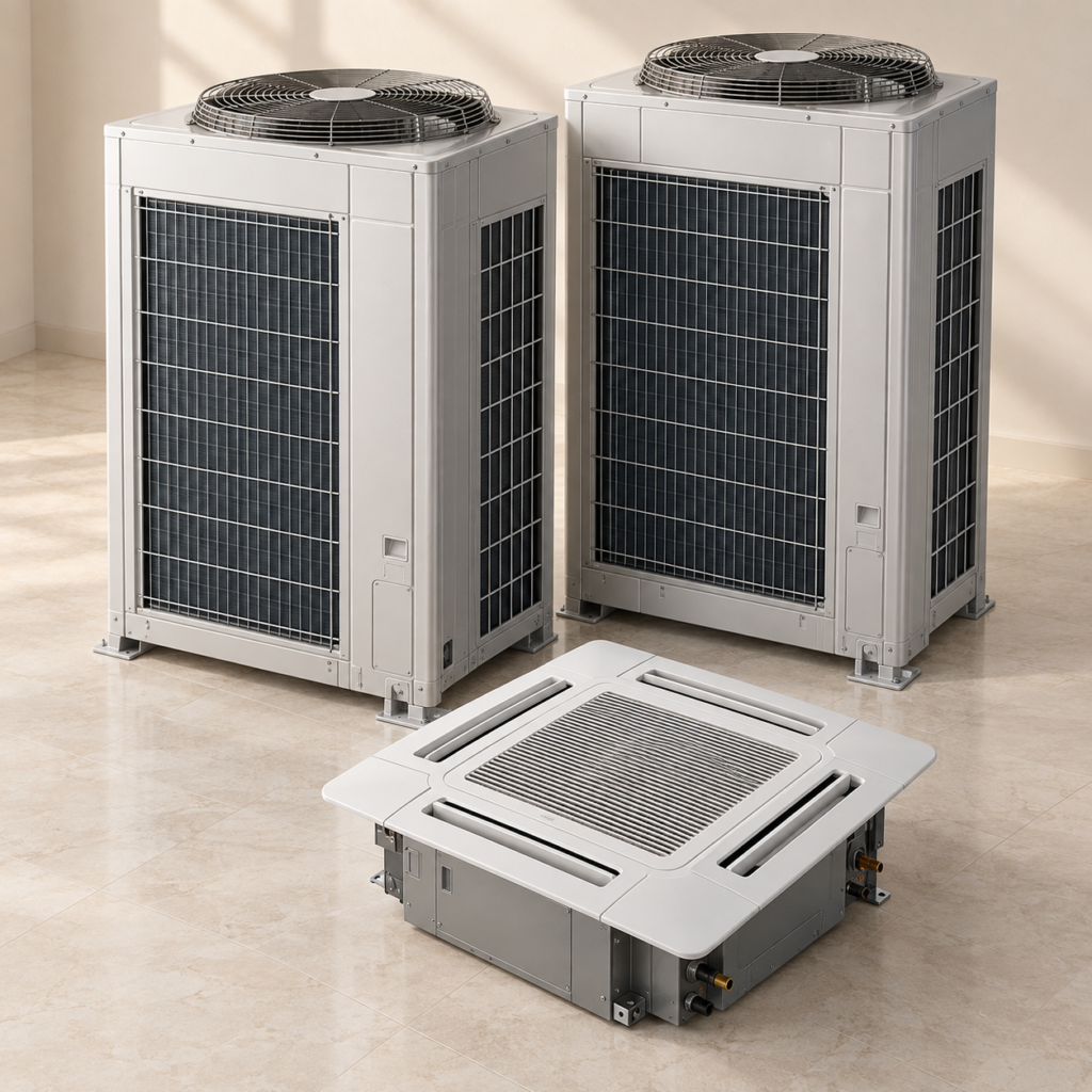 VRF outdoor condenser unit installed outside a commercial building