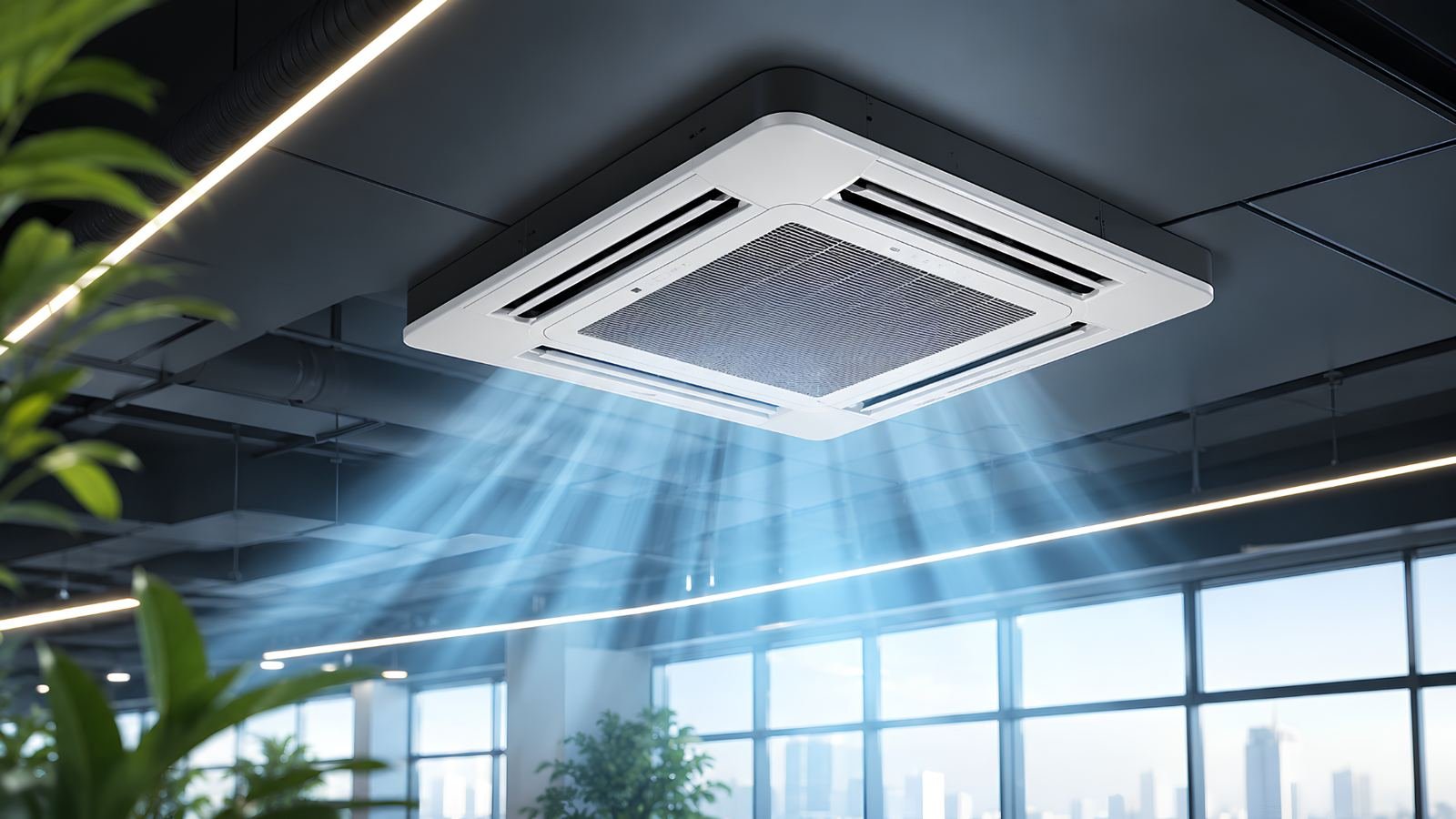 Ceiling cassette air conditioner in a commercial office ceiling