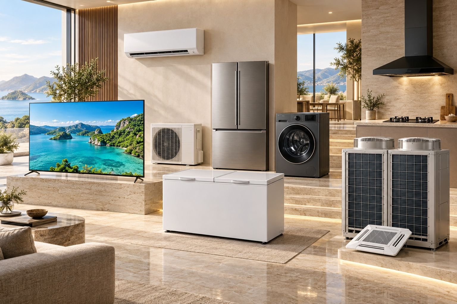 TV, split AC, refrigerator, washing machine, chest freezer and VRF cassette units together in one bright modern home