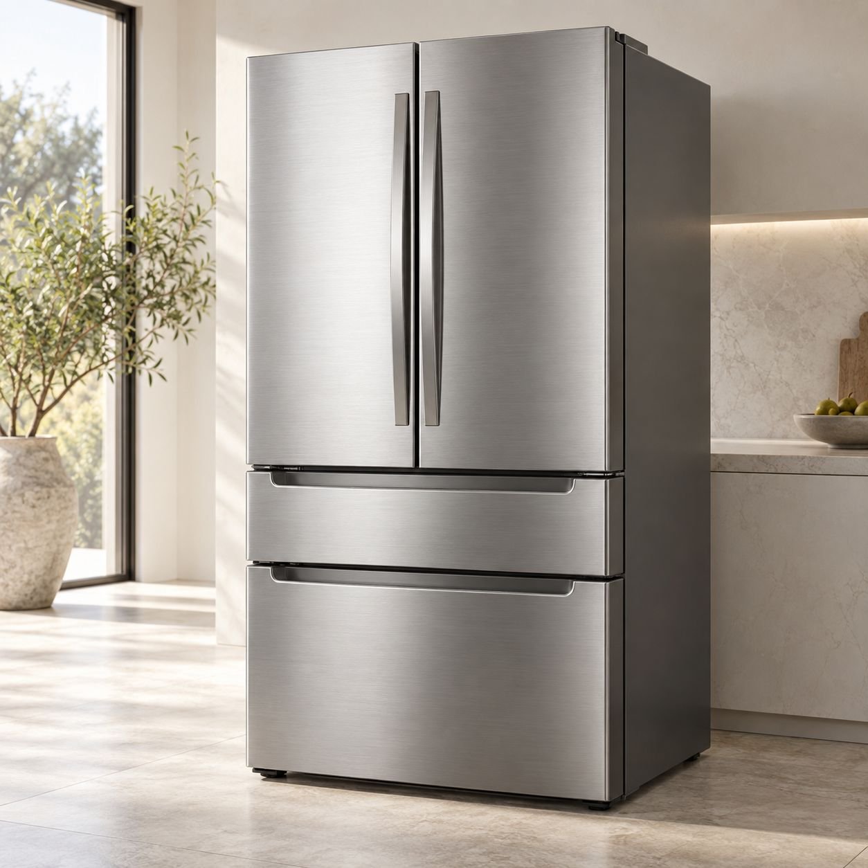 Stainless steel French-door refrigerator with bottom drawers