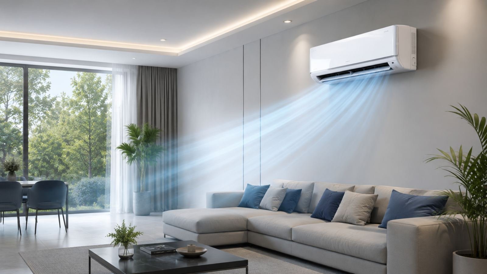 Split air conditioner cooling a modern living room