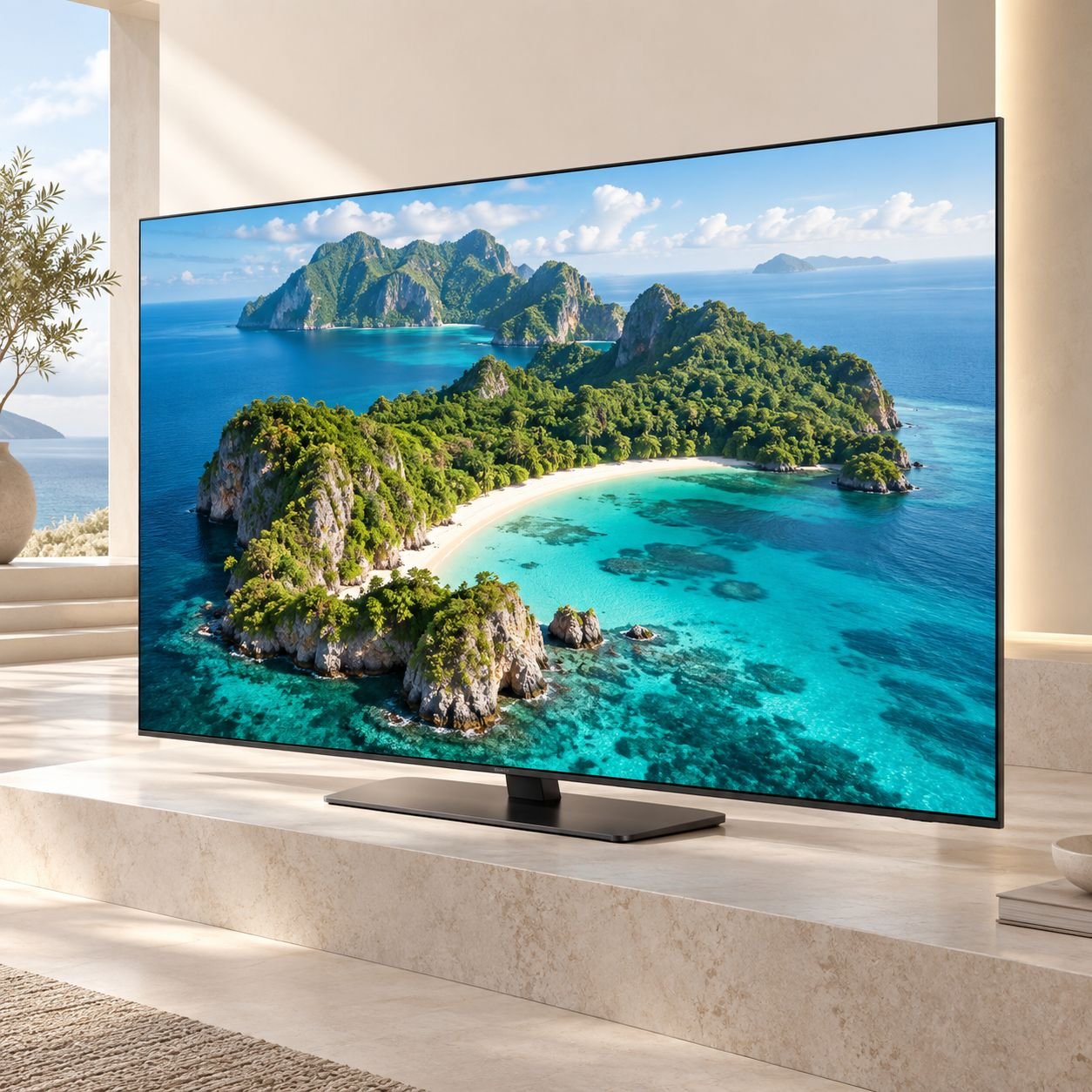 Flatscreen television mounted on a wall showing a tropical island scene