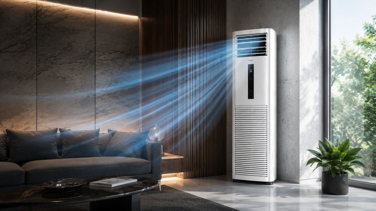 Floor-standing tower air conditioner in a living room